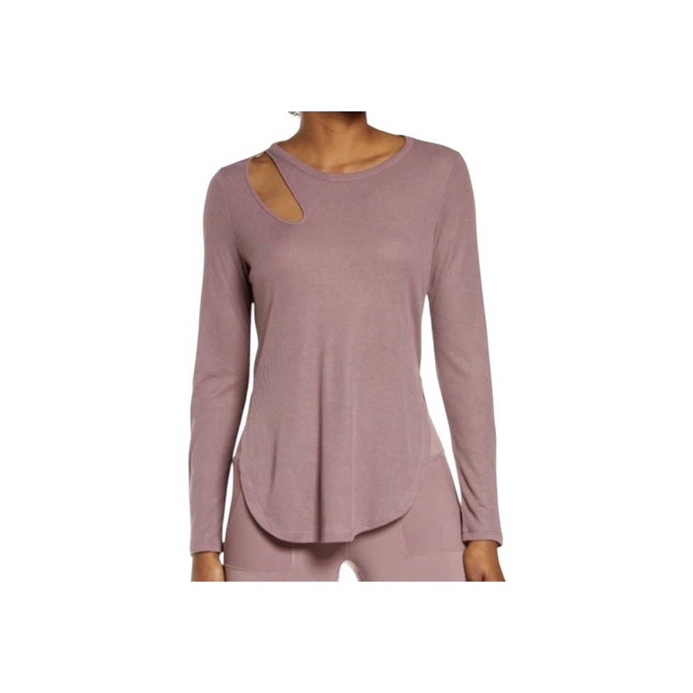 Alo‎ Yoga Ribbed Peak Top Womens XS Long Sleeve Shoulder Cutout Gym Oversized